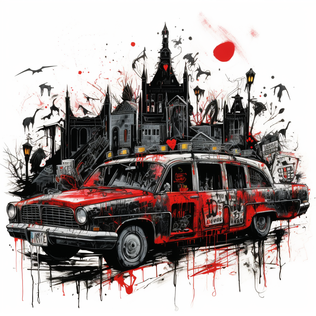 Abstract cityscape with hearse and red blots