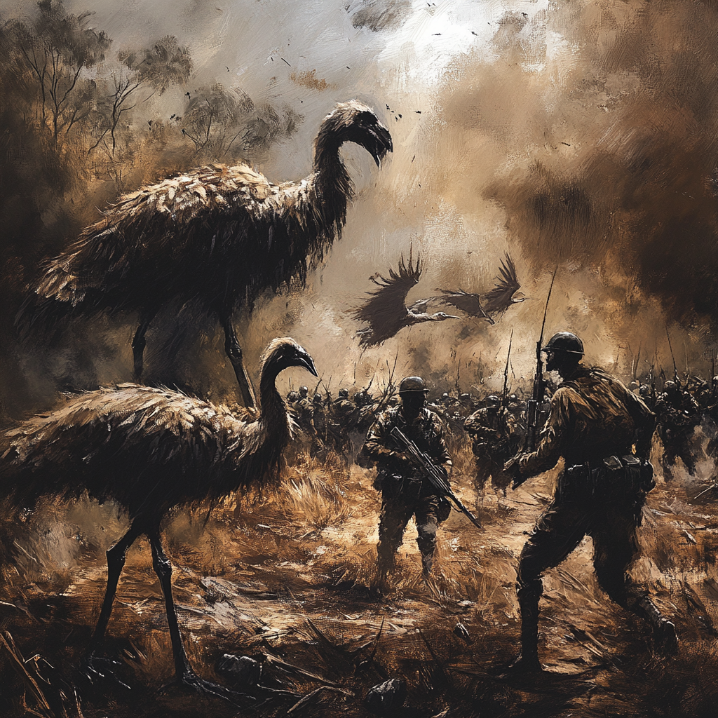 chaotic scene soldiers emus contrast