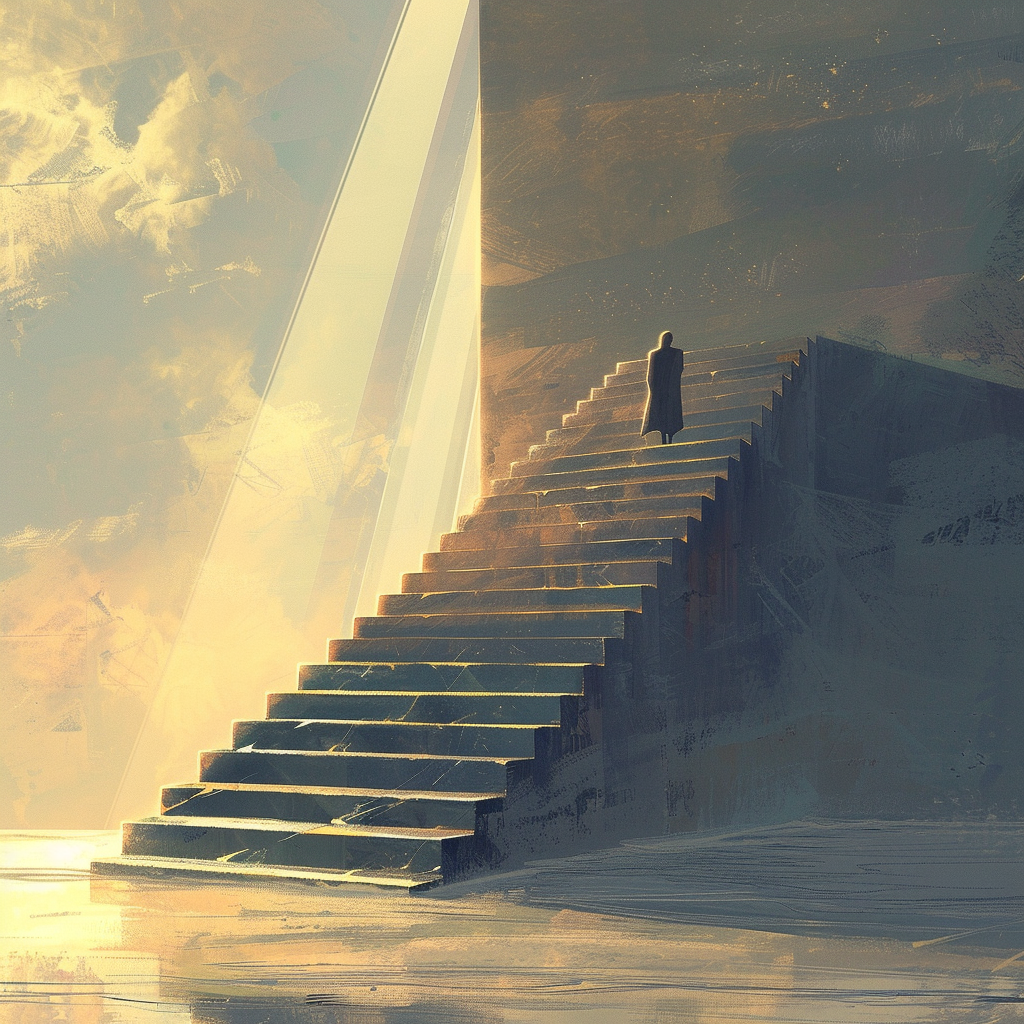 Determined character climbing endless stairs