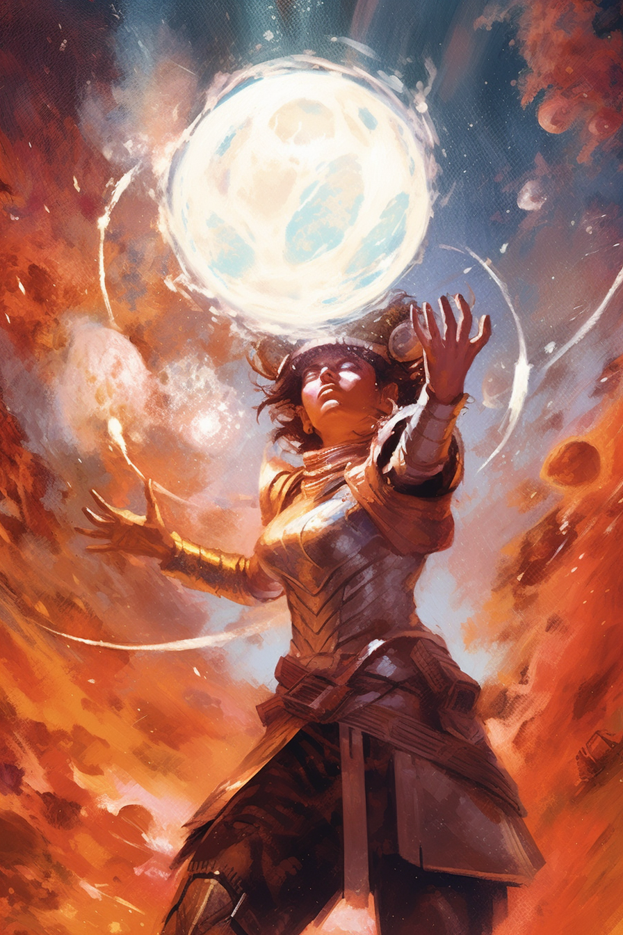 Character casting fiery fireball in space fantasy