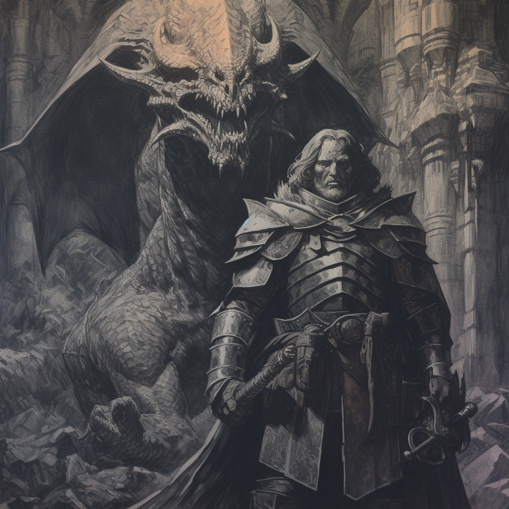 Knight on a charcoal illustrated dungeon and dragons book cover