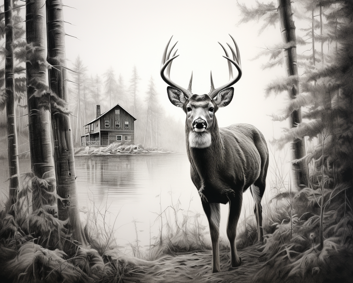 Detailed charcoal art of a double exposure whitetail buck with cabin and woods