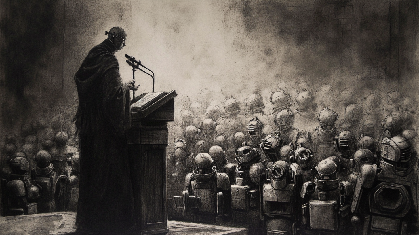 Charcoal drawing of man giving speech to robot army