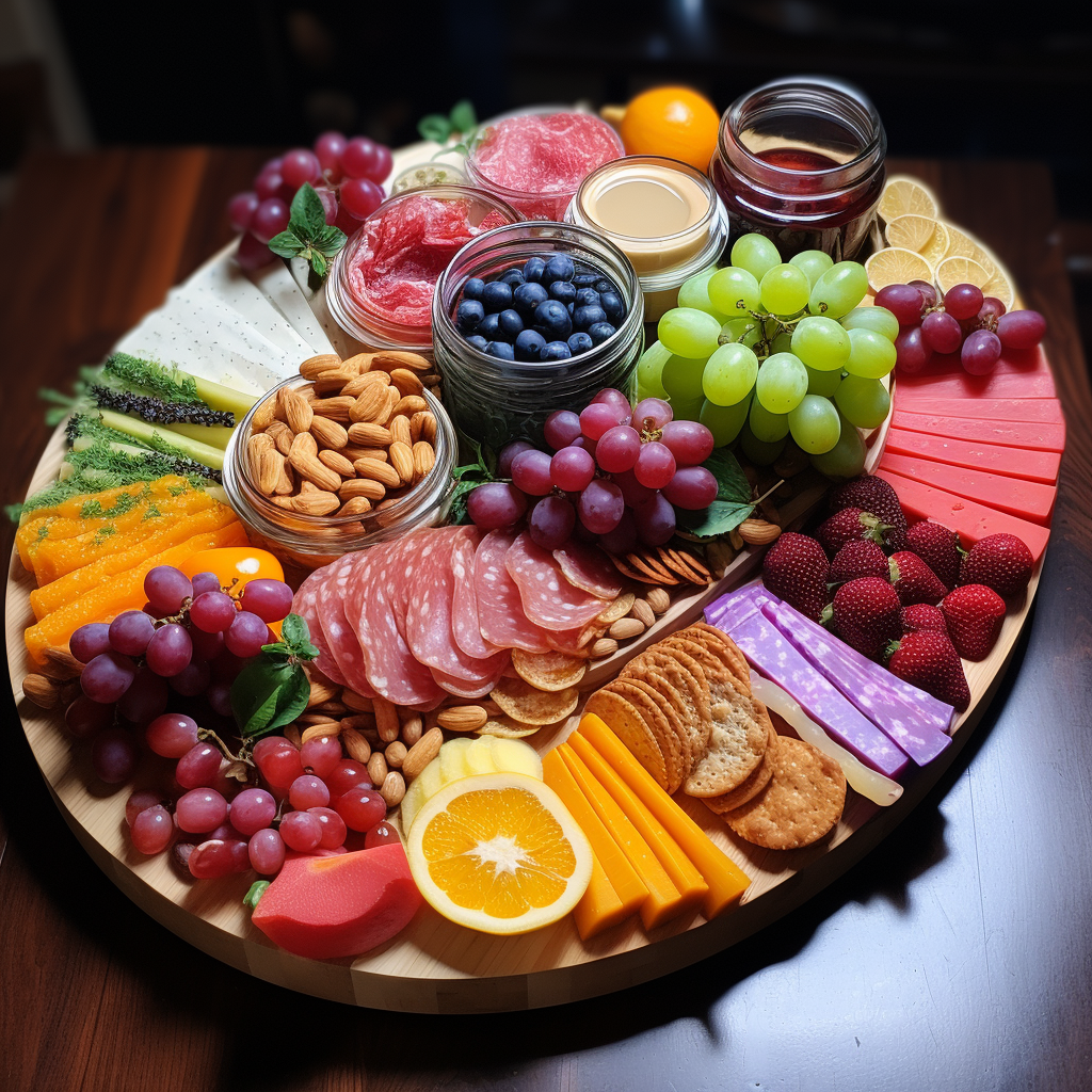 A vibrant charcuterie board with cheese, fruits, and jam