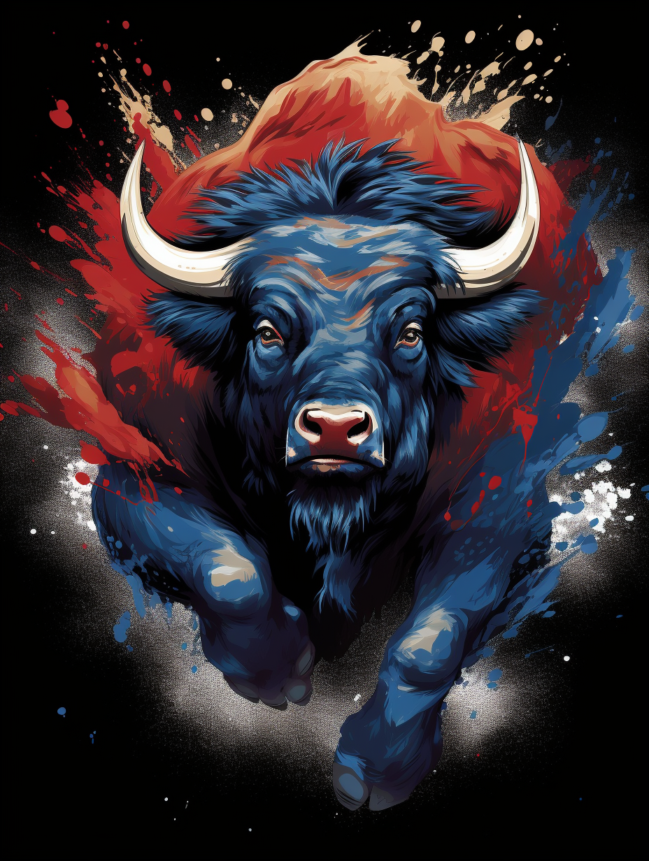 Charging buffalo splash art in red, white, and blue