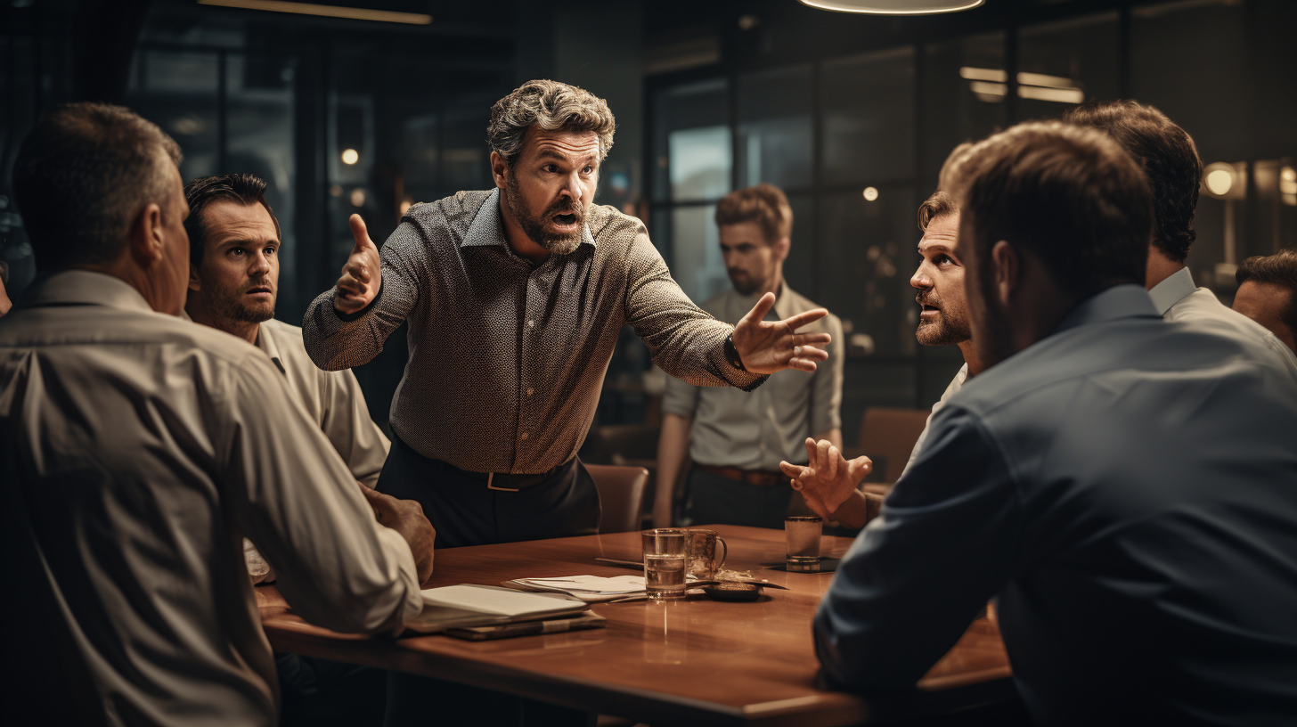 Charismatic businessman arguing with workmates in office