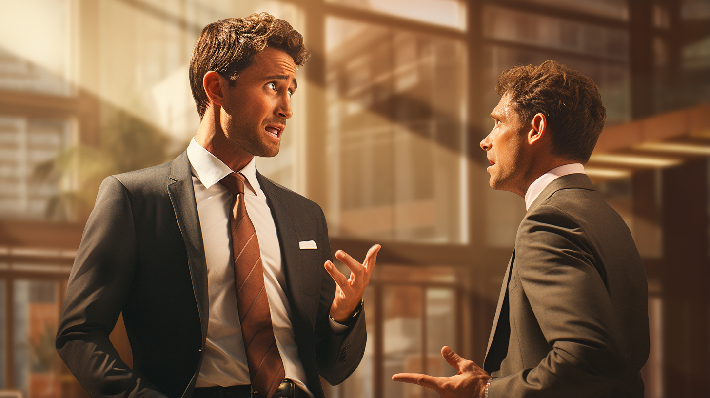 Charismatic businessman talking to confused workmate in office