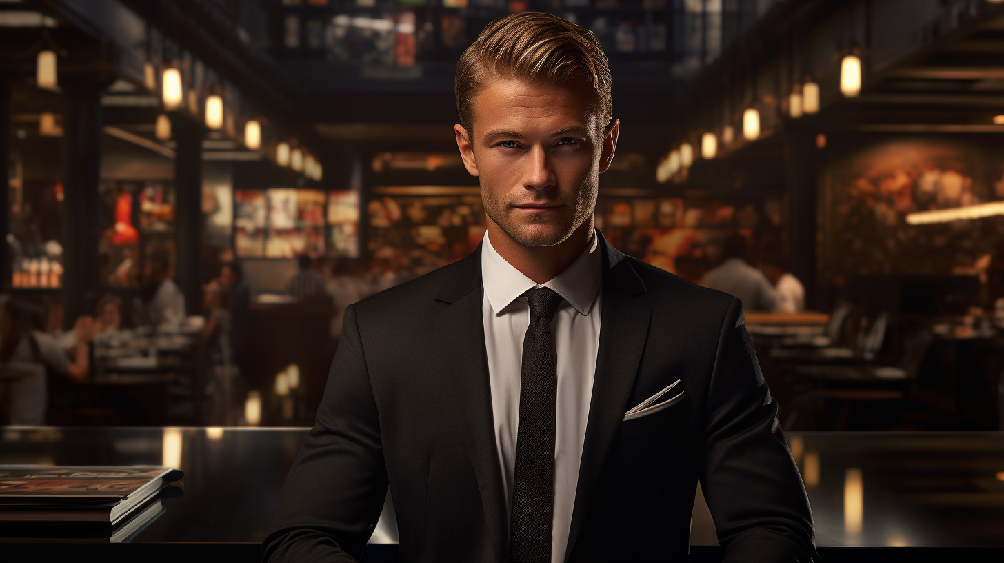 Charismatic businessman indoors, photorealistic image