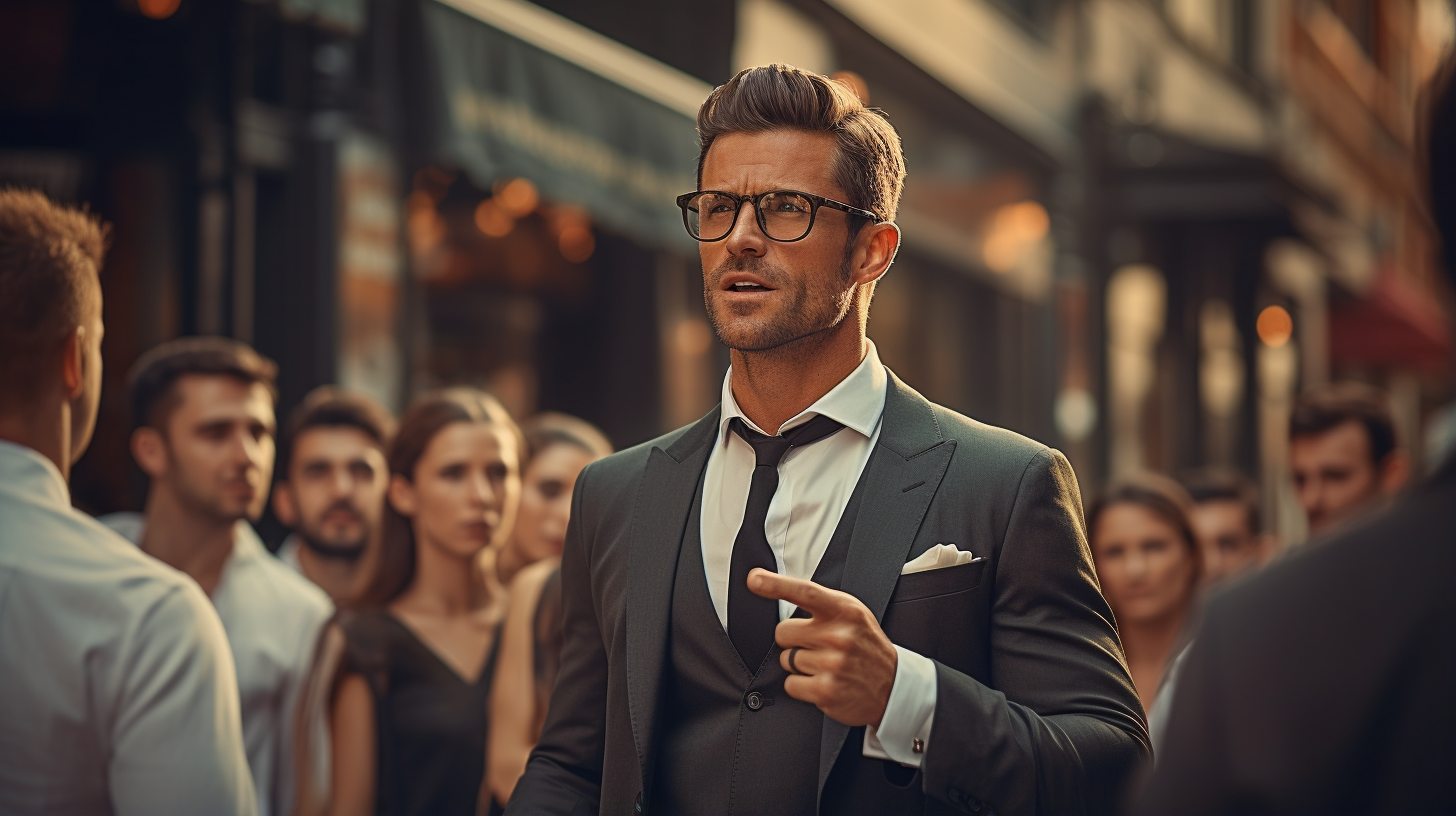 Charismatic businessman leading outdoor team meeting