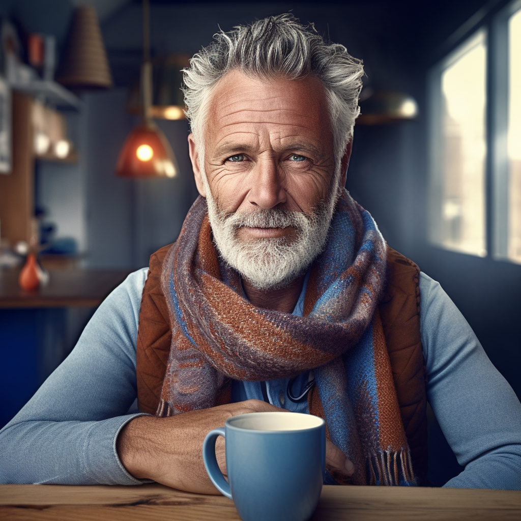 Charismatic man drinking coffee with blue scarf