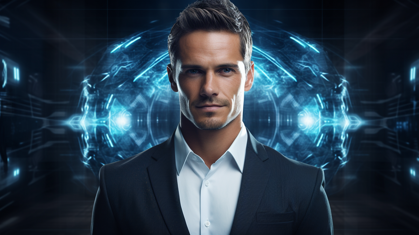 Photo-realistic image of charismatic software developer with halo