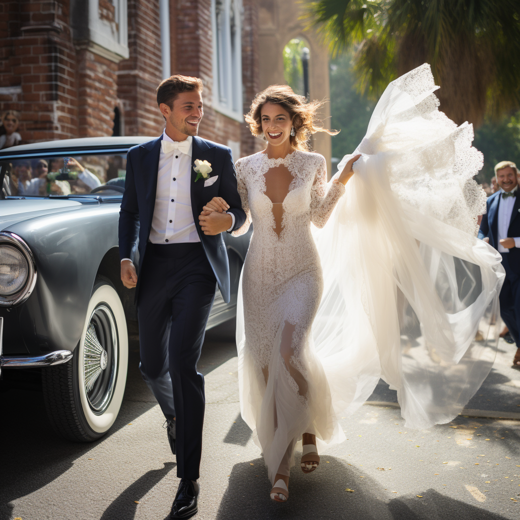 Glamorous bride and groom outside church