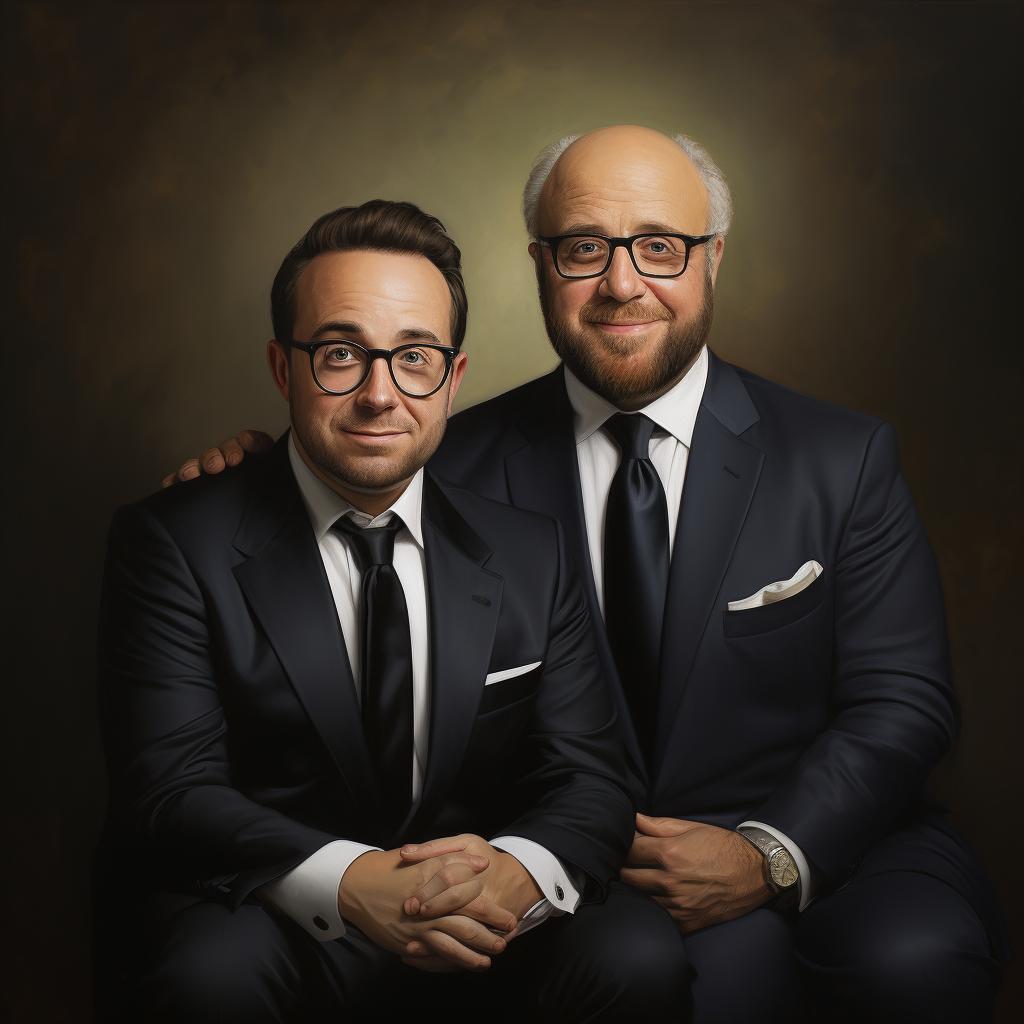 Portrait of Charlie Day and Danny DeVito in suits