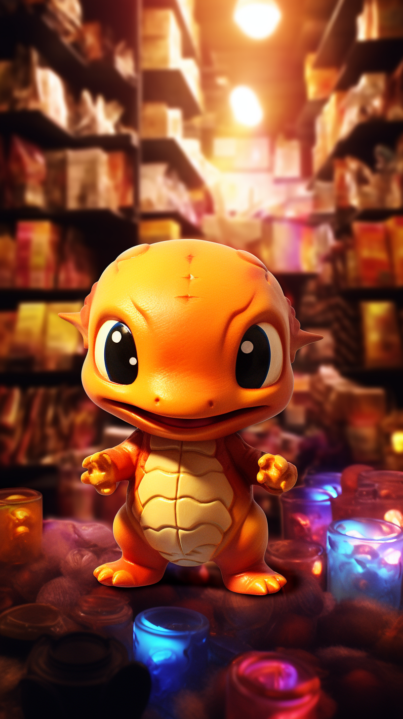 Charmander inside a vibrant collectables store