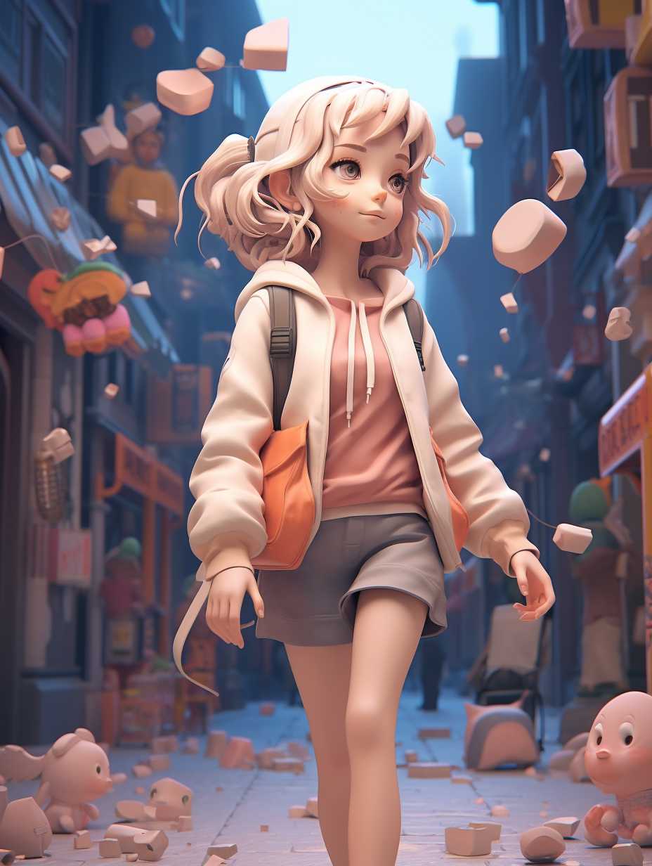 Beautiful anime girl walking on the street