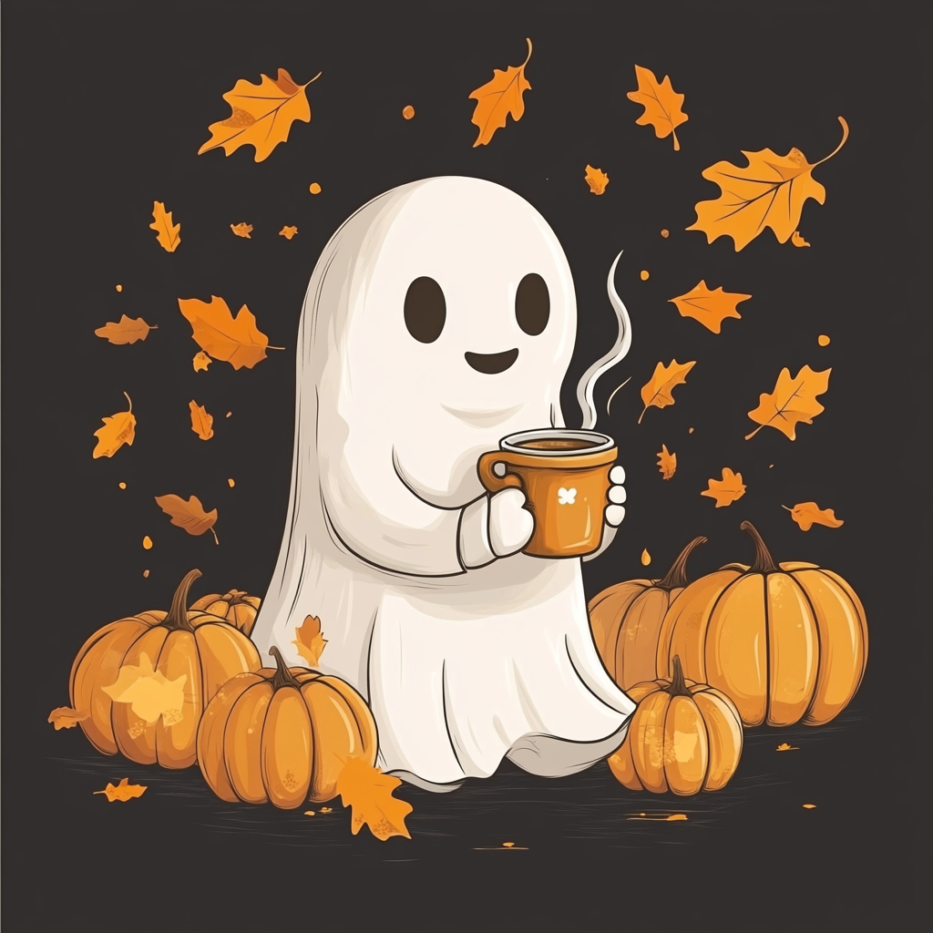 Cute ghost with coffee and pumpkins