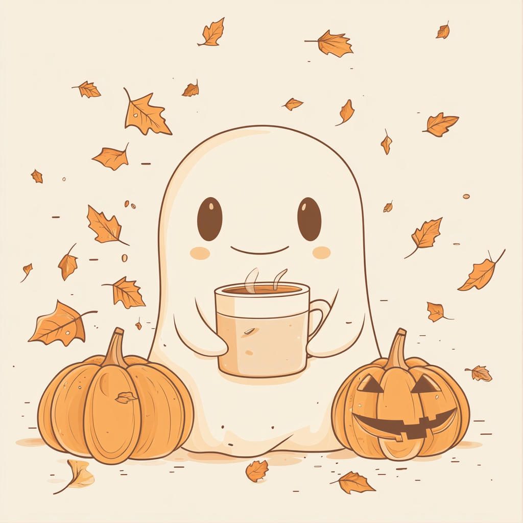 Cute Ghost with Coffee and Pumpkins