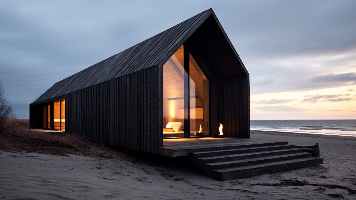 Unique charred wood cabin on the beach