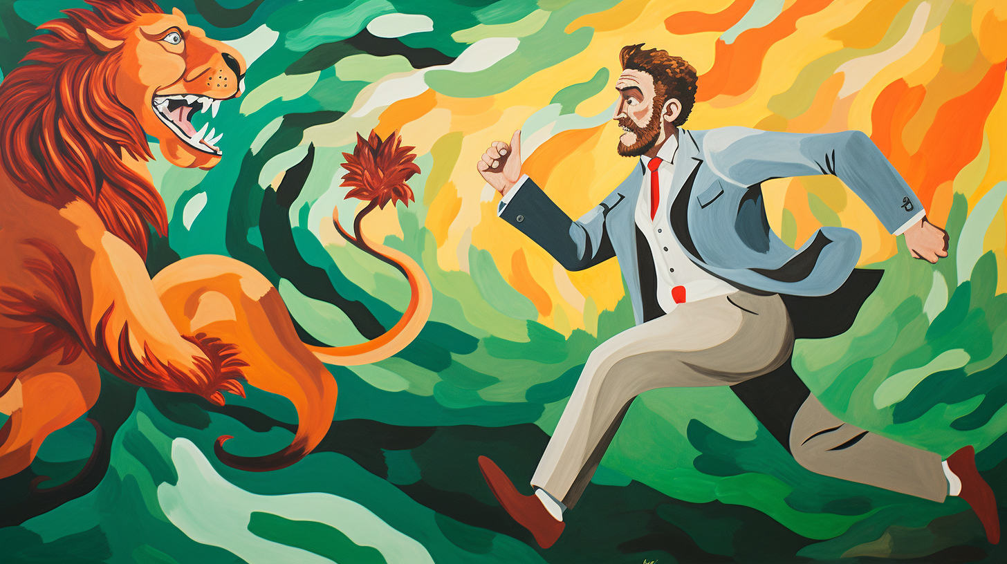 Illustration of businessman chasing leprechaun with lion