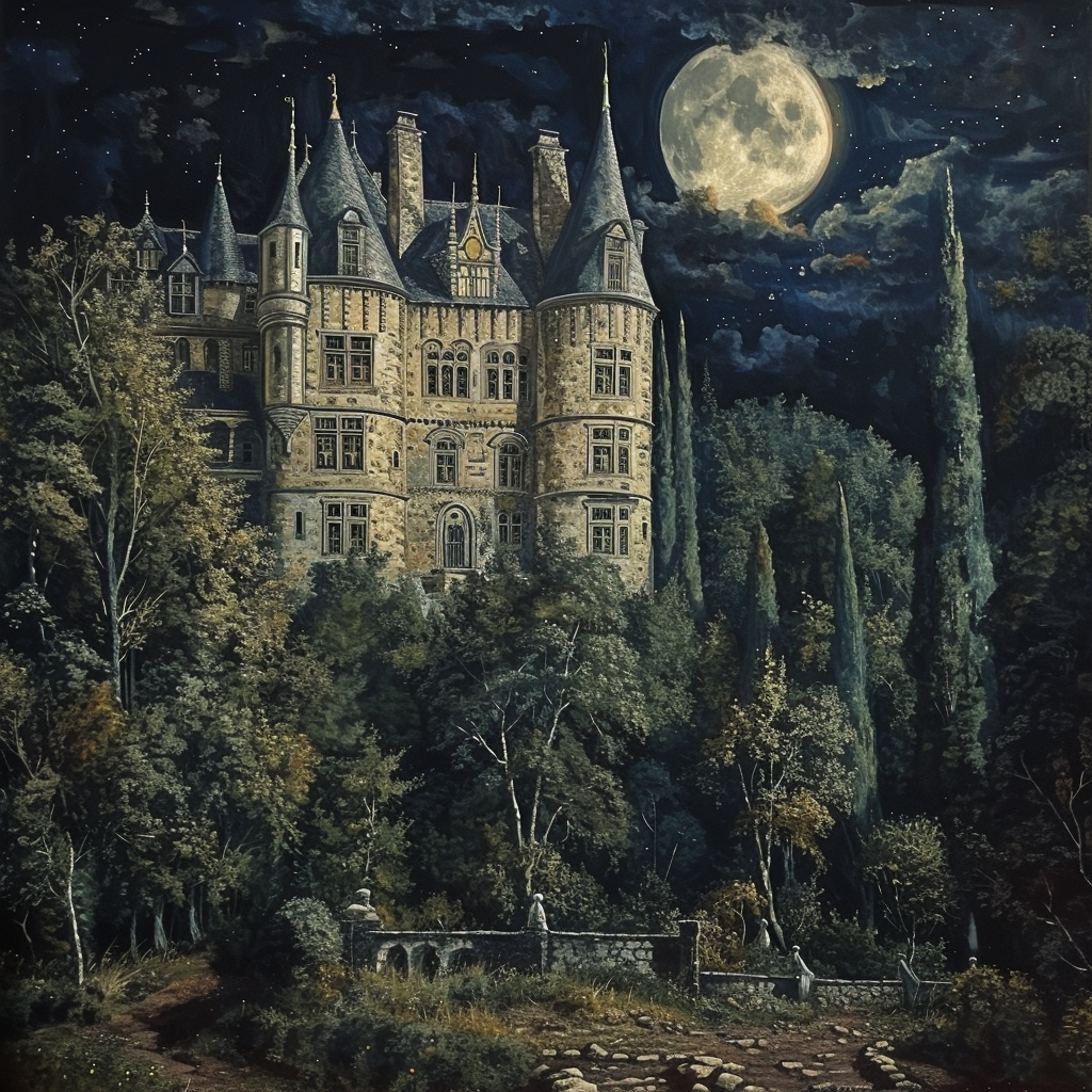 Night time forest scene at Château de Ripaille