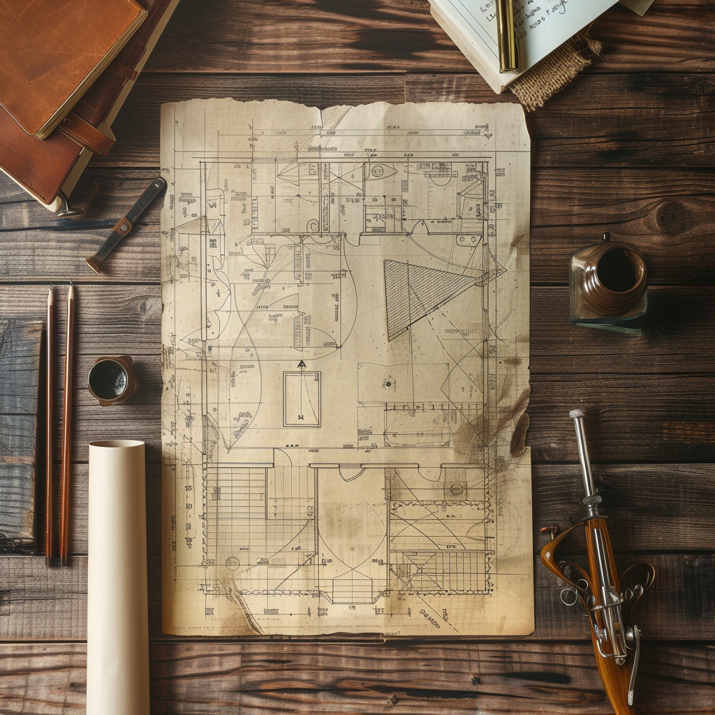 Cheburashka Interior Blueprint on Wooden Table