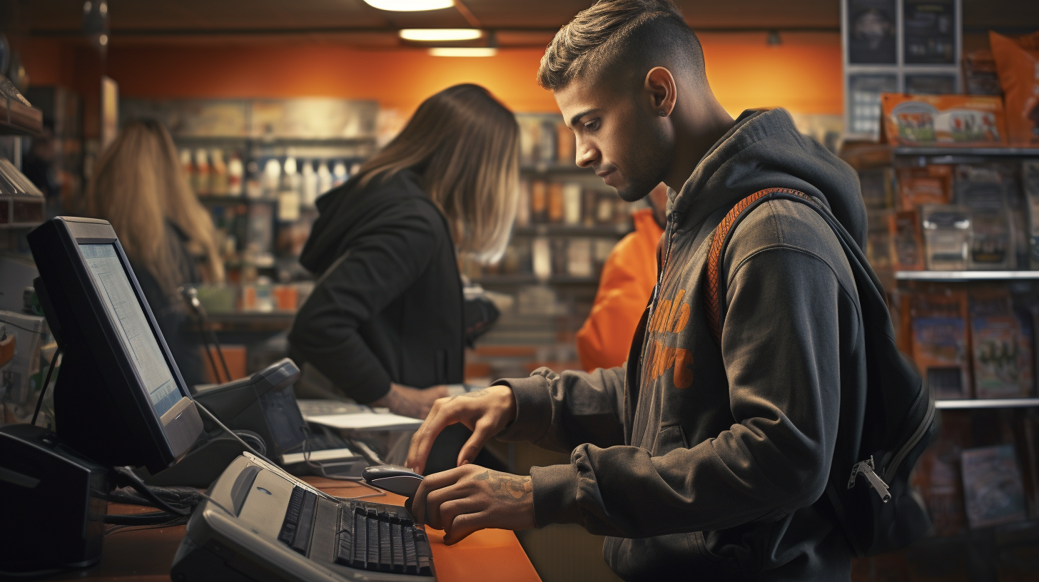 Man paying at checkout with digital identity and wallet