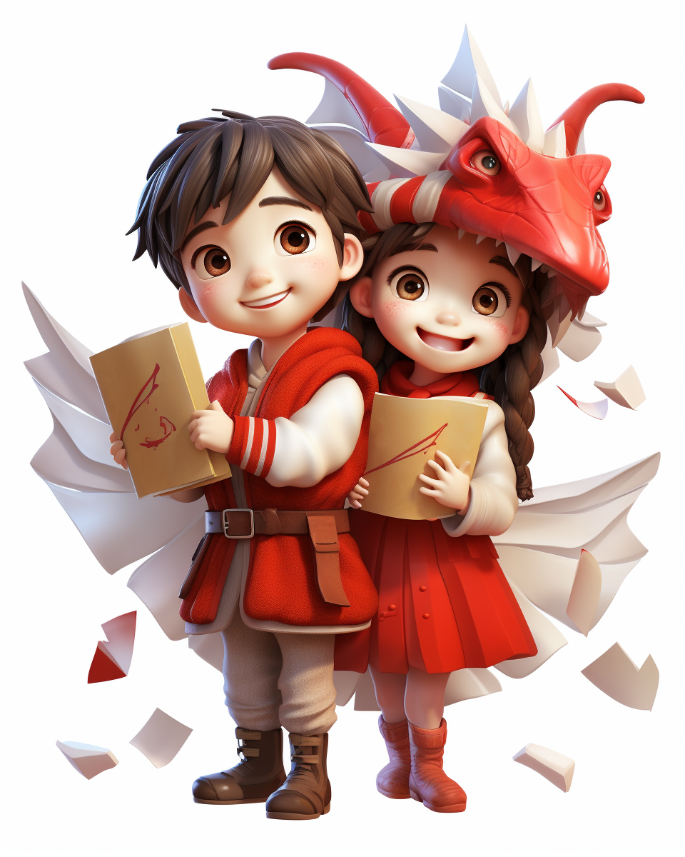 Boy and Girl Holding Red Envelopes in Dragon Costume