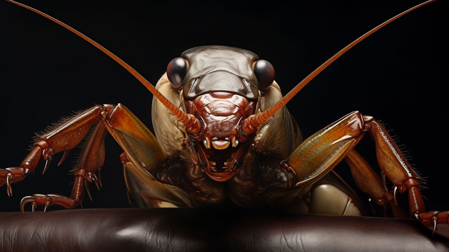 Close-up photograph of a cheerful brown cockroach