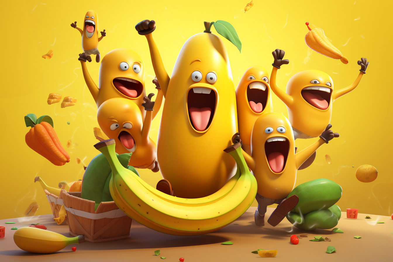 Group of cheerful and cute bananas armed with banana-themed weapons