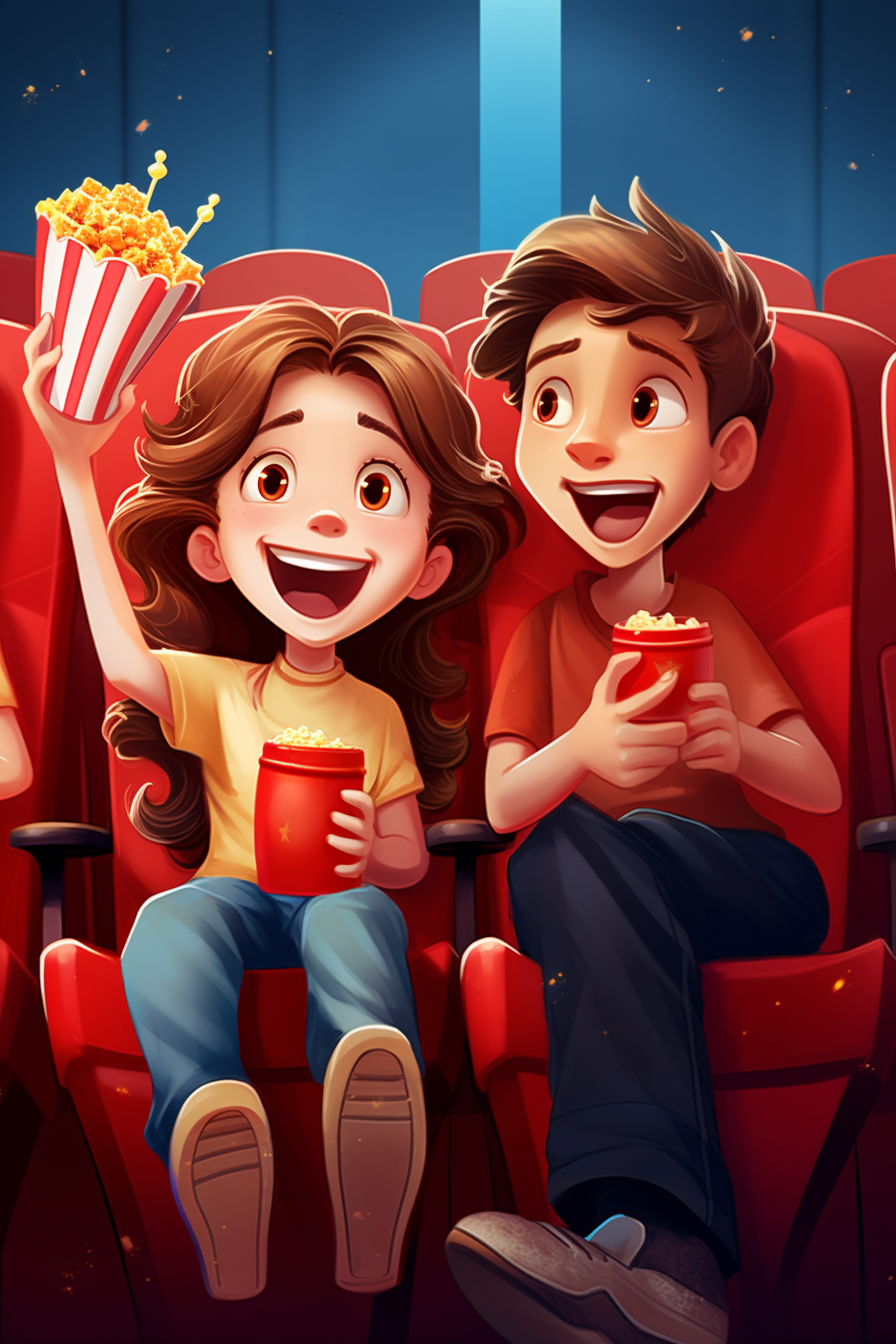 Cheerful cute princess and boy eating popcorn in cinema