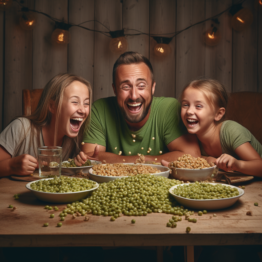 Family enjoying delicious pea dishes