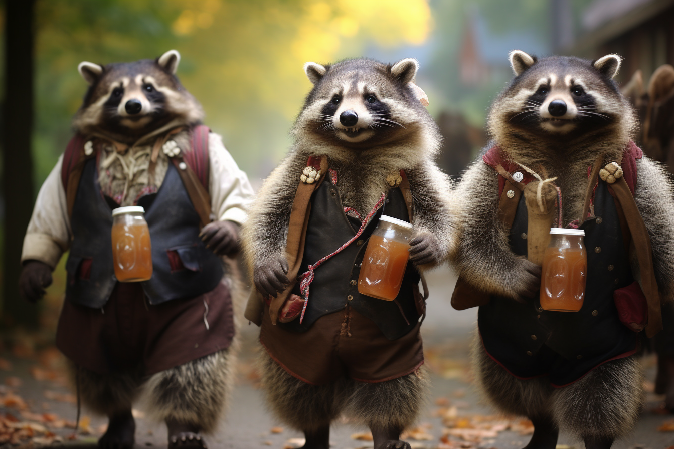 Group of joyful raccoons at Oktoberfest