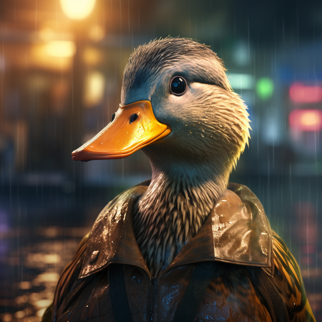 Cheerful mallard duck in Blade Runner