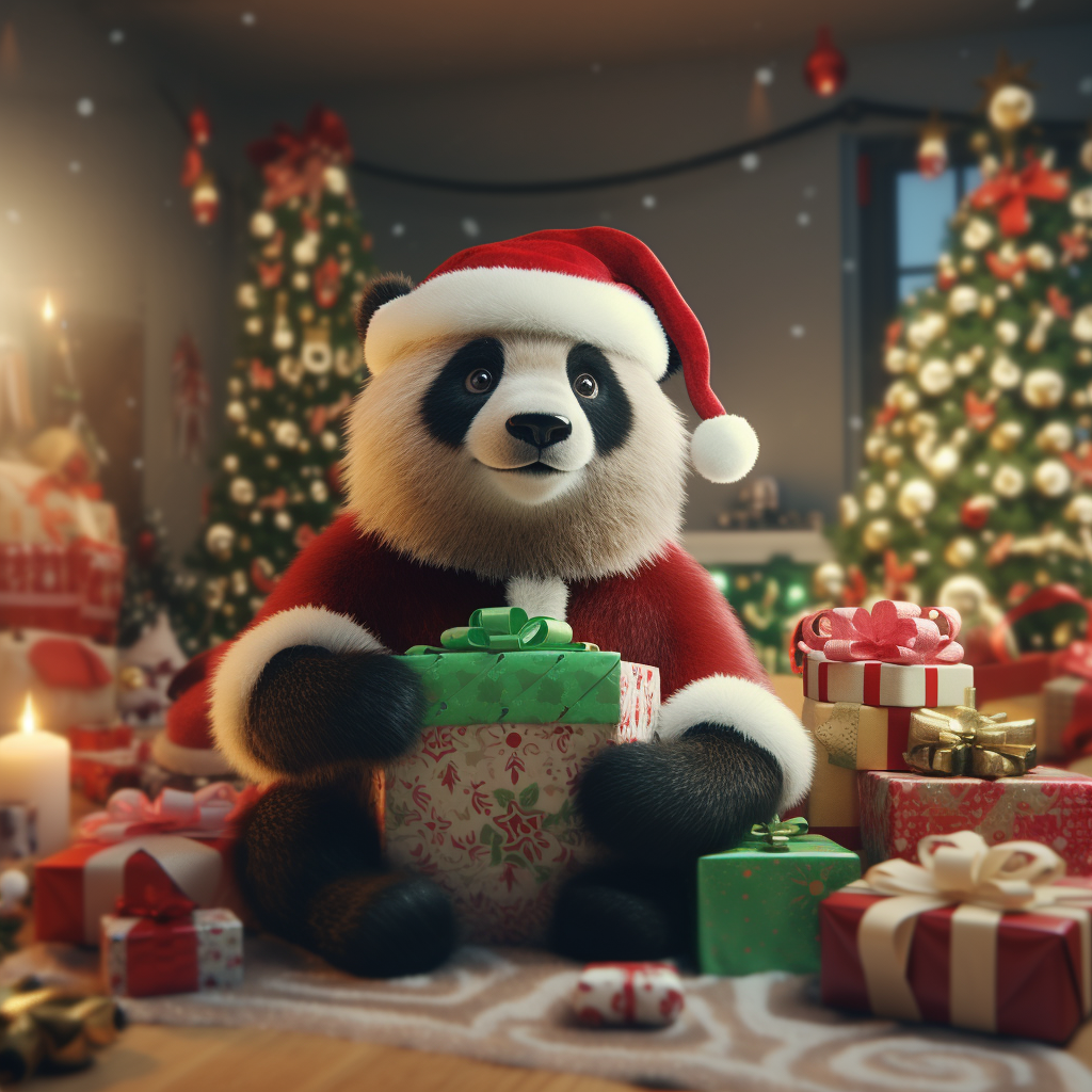 Cheerful panda in Christmas dress and Santa hat