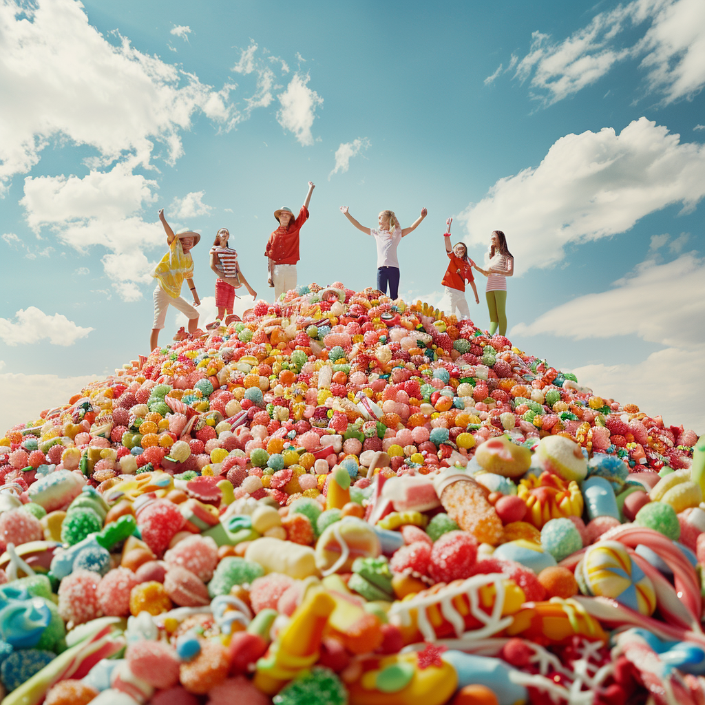 Cheerful people in candy mountain