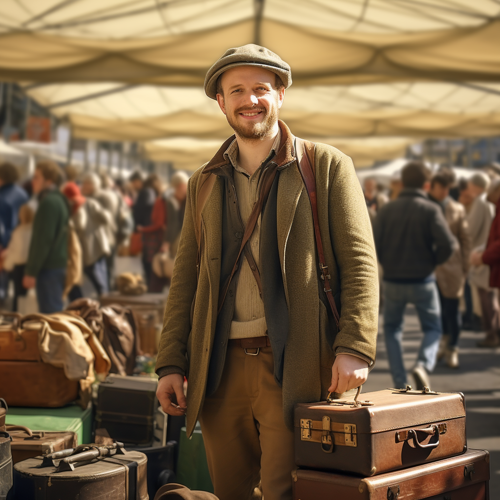 Person walking at flea market with cheerful expression