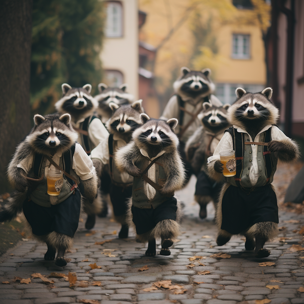 Cheerful raccoons in Bavarian clothing at Oktoberfest