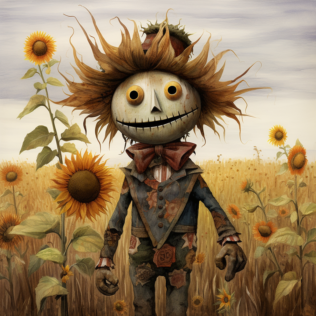 Whimsical cheerful scarecrow in field