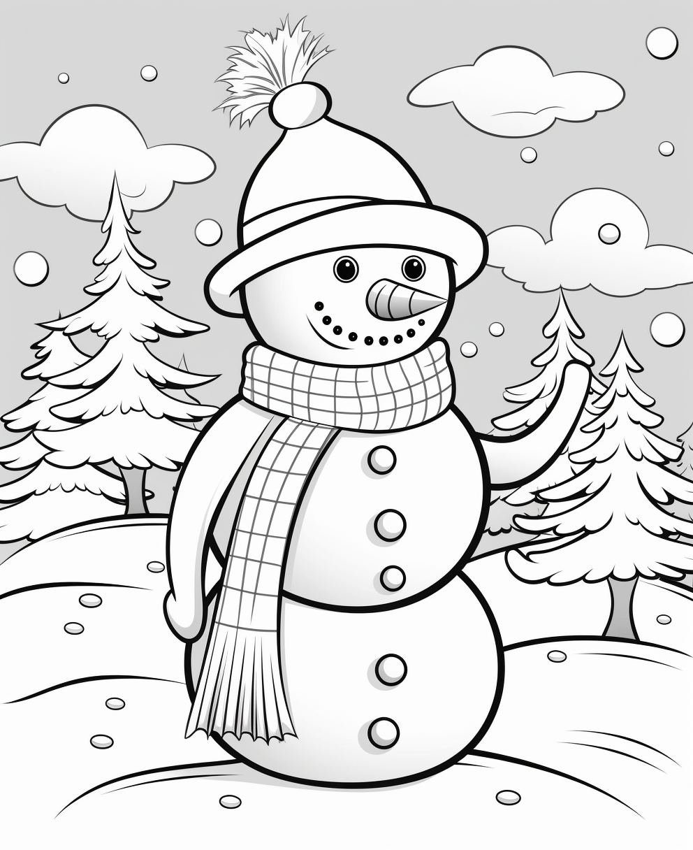 Cheerful snowman coloring page with carrot nose and top hat