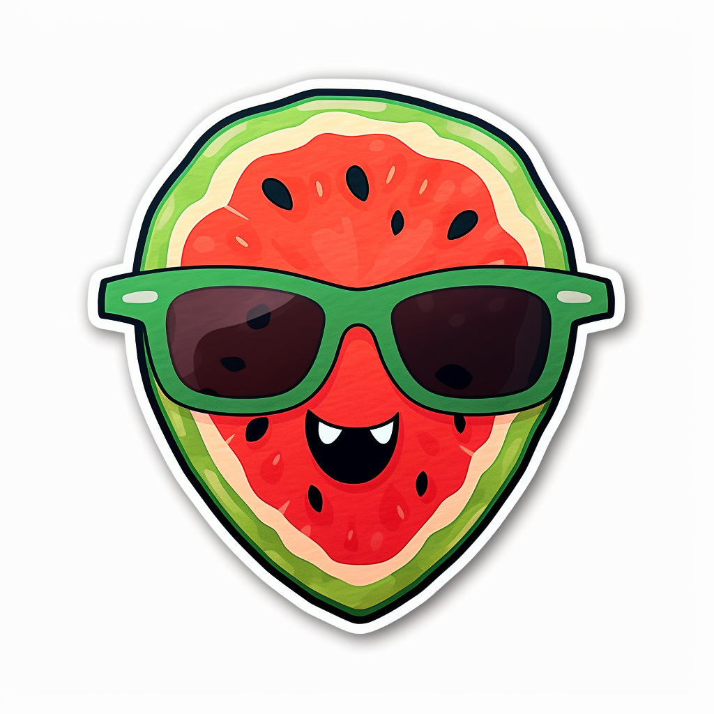 Kawaii watermelon slice sticker with happy face, sunglasses, bees, and flowers