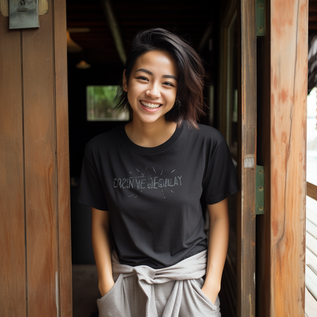 Smiling Malaysian woman by wooden door