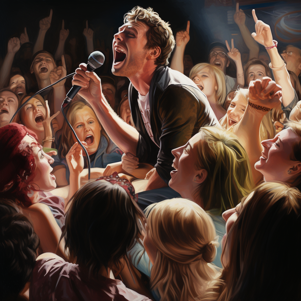 Enthusiastic crowd cheering singer on stage
