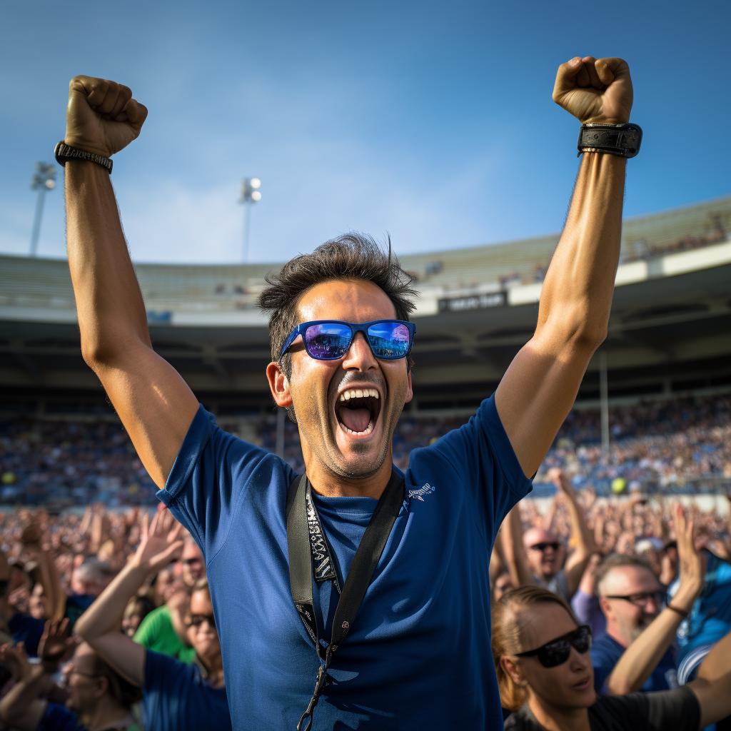 Cheering male model with spectacles in cricket stadium