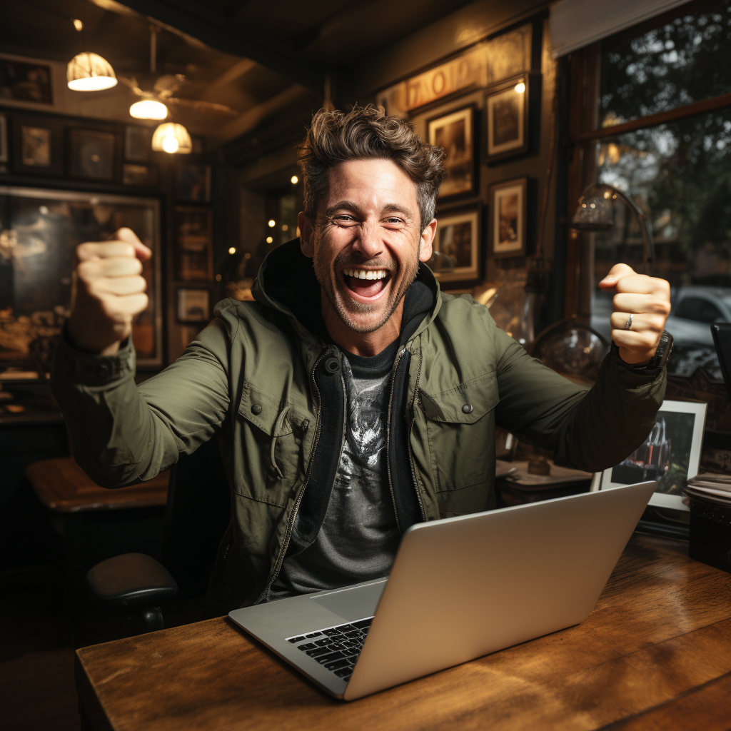 Cheering man with laptop at home