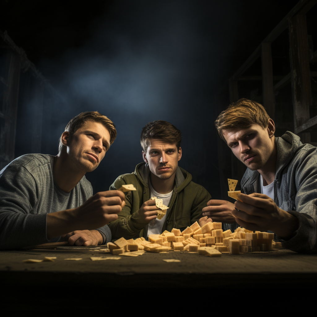 Caucasian college males playing cheese poker game