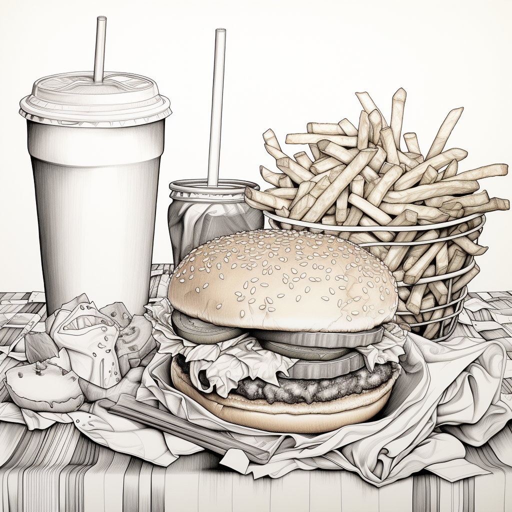 Cheeseburger and fries coloring page