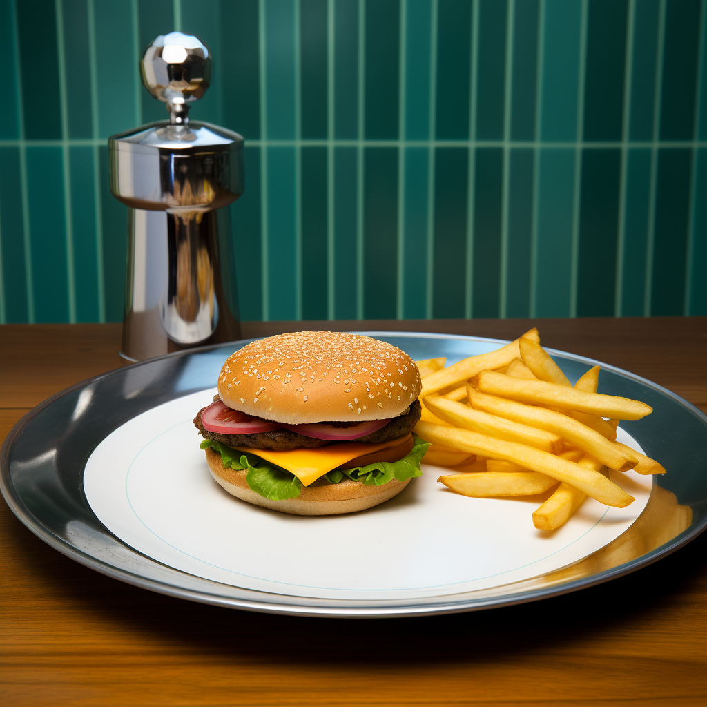 Savory cheeseburger and fries on scale