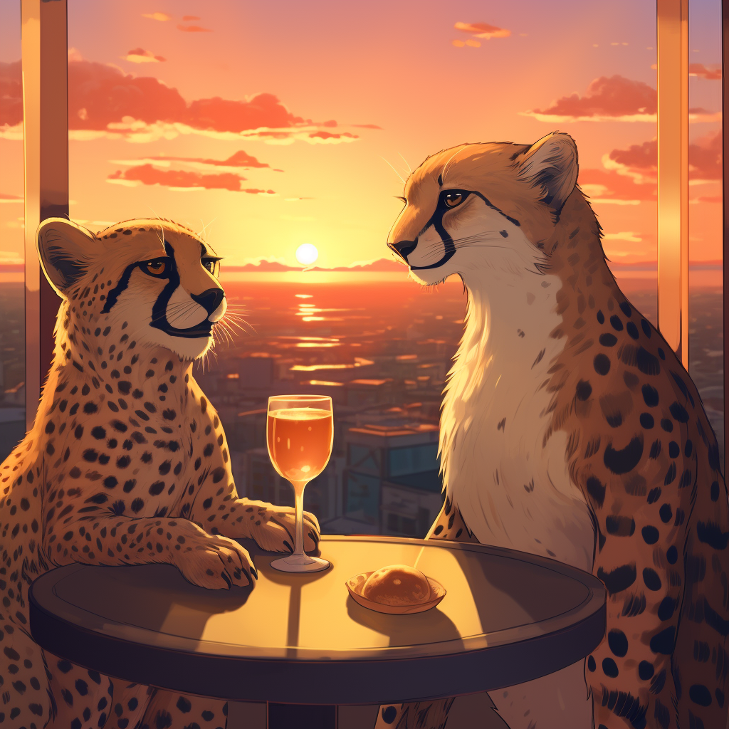 Cheetah and Toucan enjoying sunset at rooftop bar