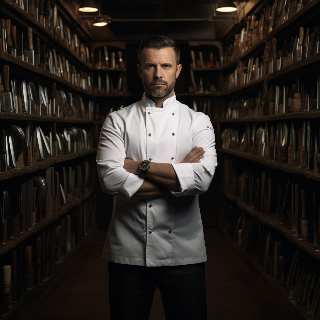 Professional chef coat holding chef knives