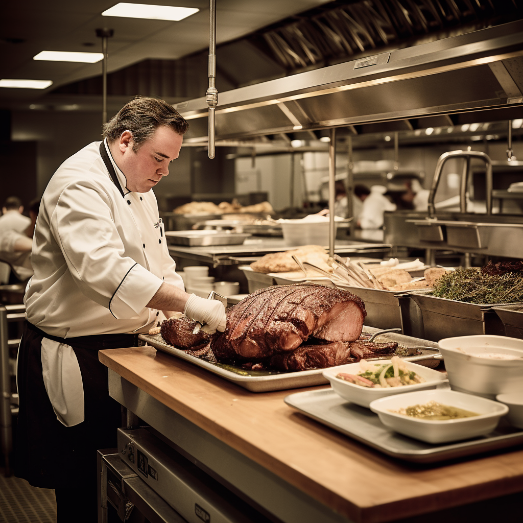 Chef de Partie cooking prime rib in open kitchen